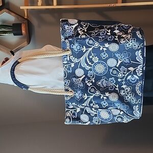 Blue Floral Canvas Tote Bag with Rope Handles